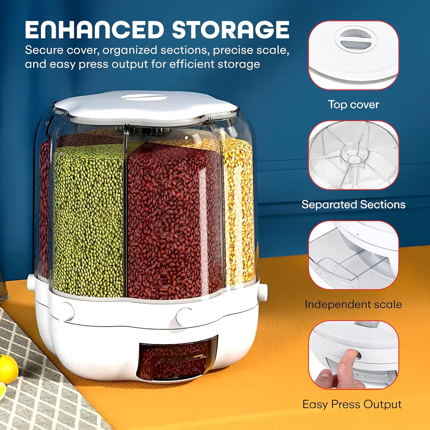 Grocery Organiser 360° Rotating with 6 Grid Dispenser with Holder Dispenser Sealed Storage