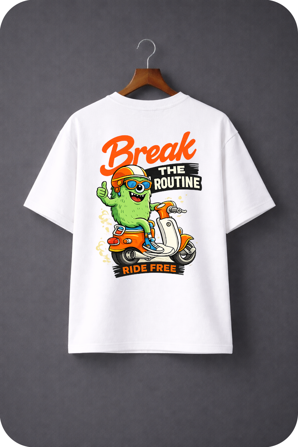 Break The Routine Ride Free – Funny Scooter Monster Graphic Oversized T-Shirt